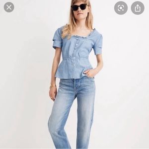 MADEWELL Chambray Ruffle Sleeve Peplum Top